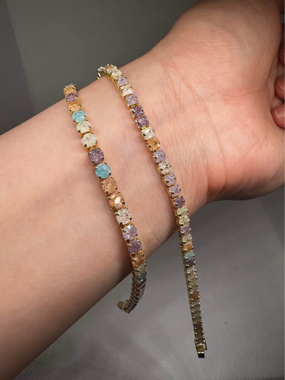 Tarnish Free 18K Gold Plated Pastel Crushed Ice CZ Tennis Bracelet – 2 Pc